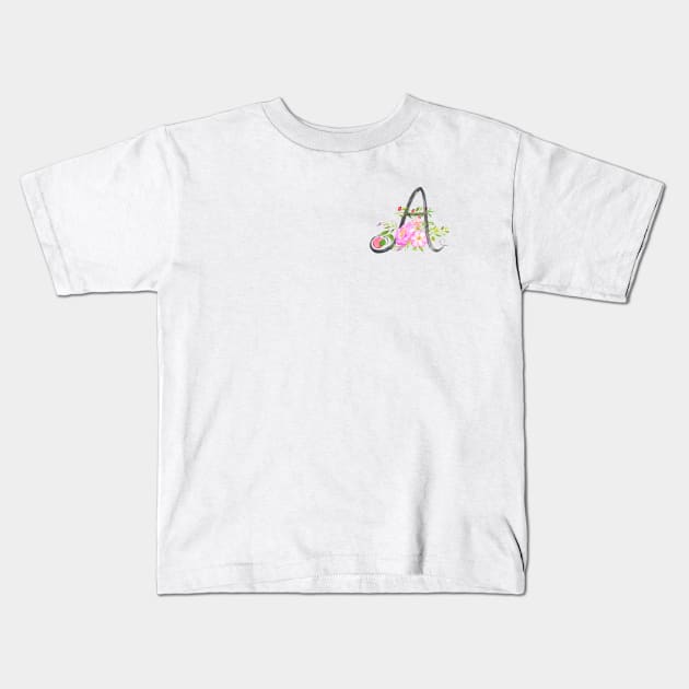 Letter A calligraphy watercolor flowers Kids T-Shirt by colorandcolor
